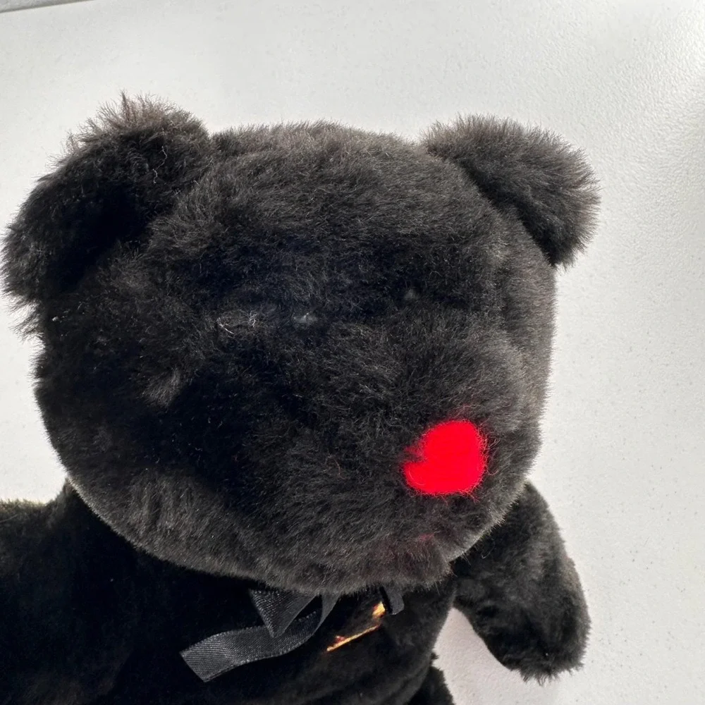 Vintage Black Plush Bear‎ Red Nose & Embroidered 